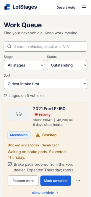 The Work Queue on a phone: the F-150's Mechanical stage blocked, waiting on brake pads, with Resume work and Mark complete buttons.